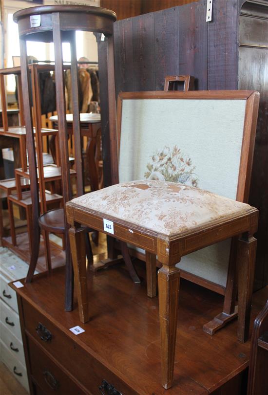 Embroidered screen, 2 tier plant stand, mahogany stool